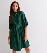 Blue Vanilla Dark Green Leather-Look Mini Smock Dress